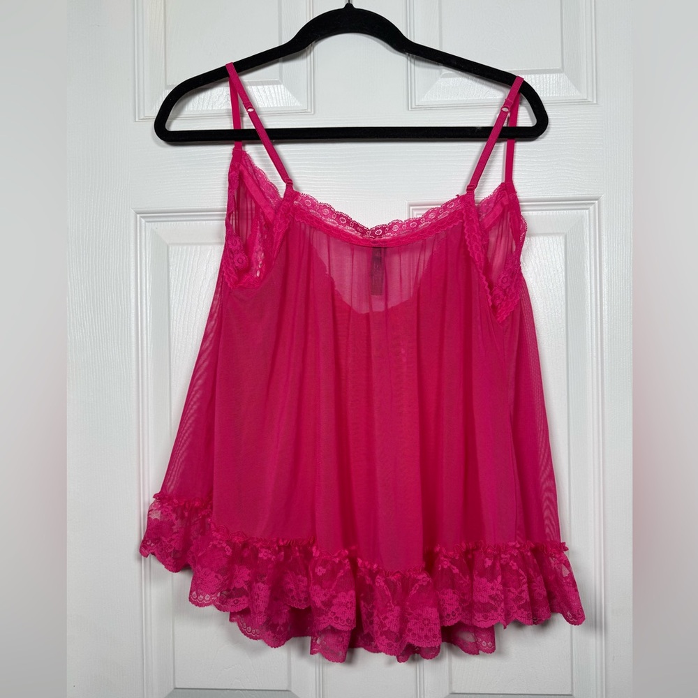 Hot Pink Sheer Mesh Lace Babydoll Lingerie Top Ruffle Hem Size L - Picture 3 of 3